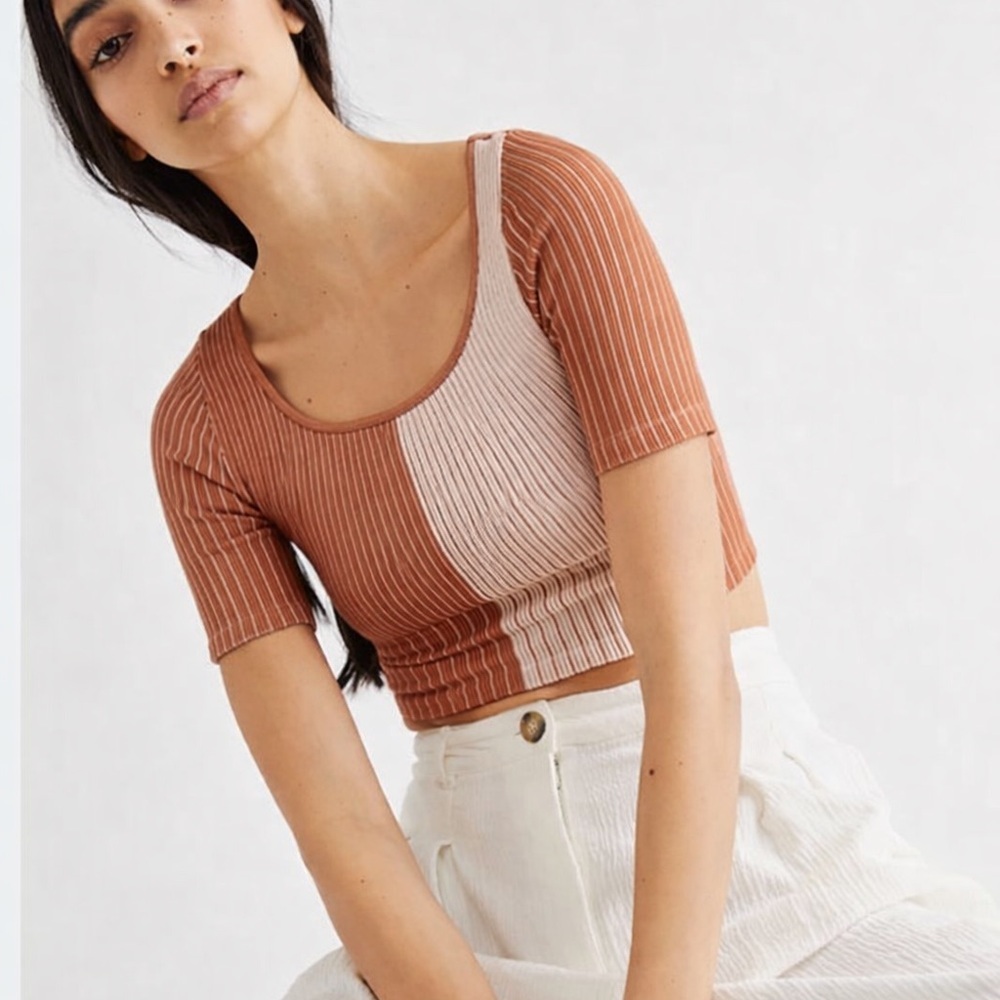 Free People Ribbed Colorblock Crop Top in Rust and Cream